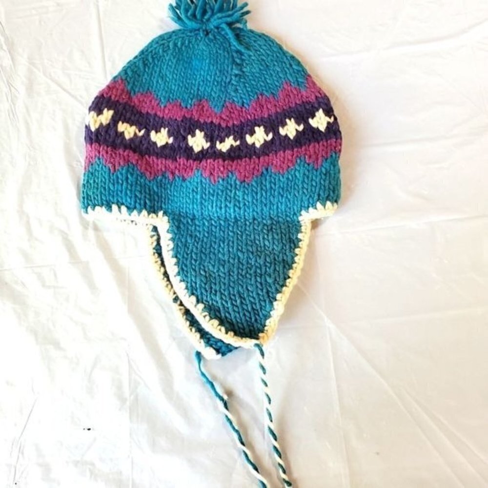 Vintage Handmade Knitted Hat‎ with Ear Flaps and Tassels